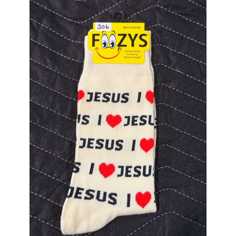 Foozys Crew Socks Mens 10-13 Cream New‎ I Heart Jesus Religious Christian FM-59